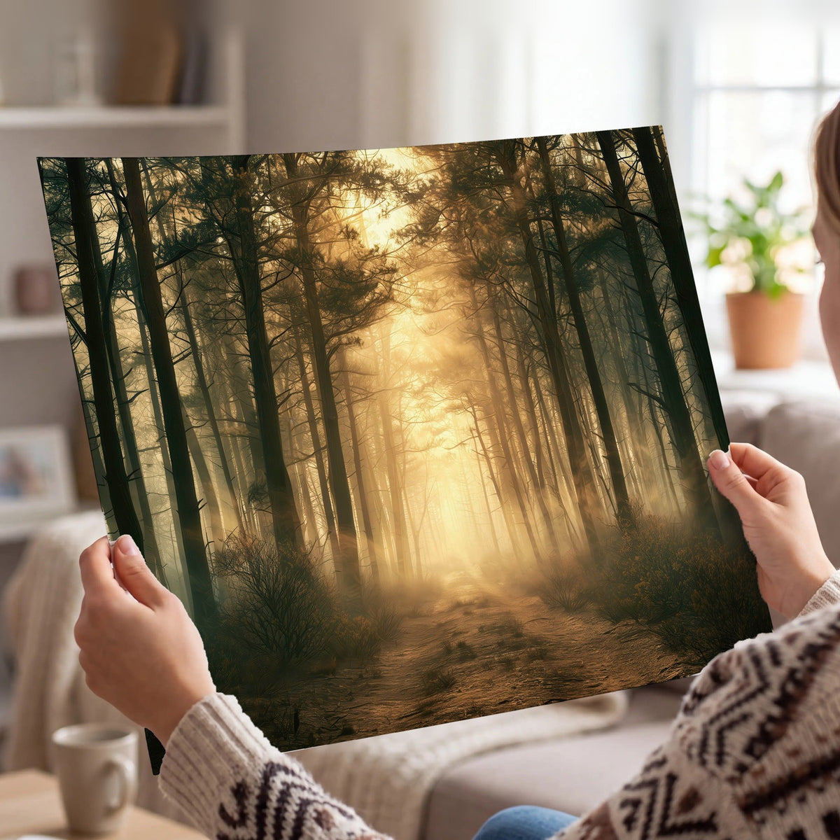 Golden forest path painting poster print held in hands