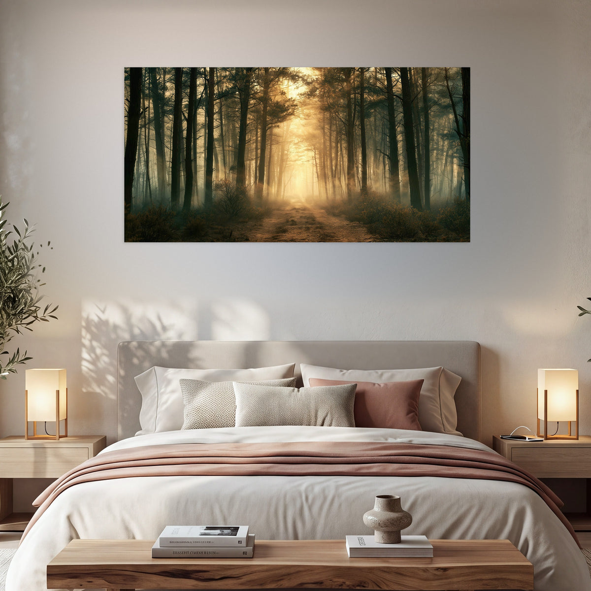 Golden forest path painting poster print in a bedroom above the bed