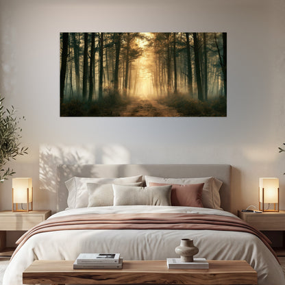 Golden forest path painting poster print in a bedroom above the bed
