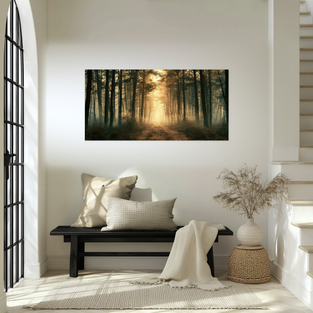Golden forest path painting poster print in an entryway above a bench