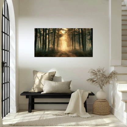 Golden forest path painting poster print in an entryway above a bench