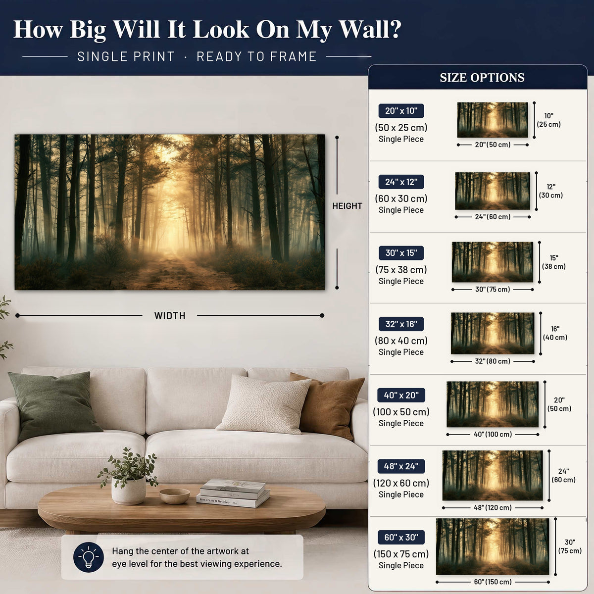 Golden forest path painting poster print size guide above a sofa