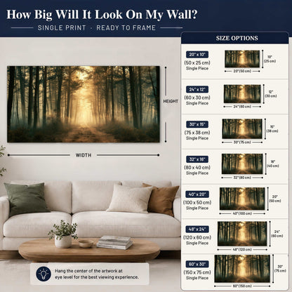 Golden forest path painting poster print size guide above a sofa
