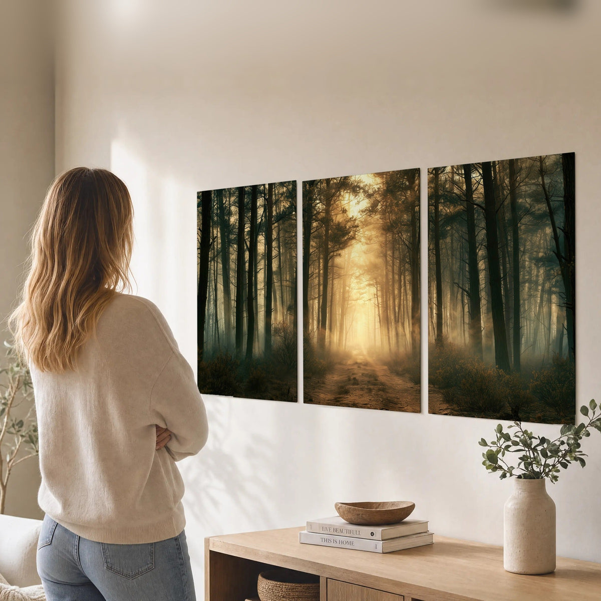Golden forest path painting set of 3 poster prints in a living room