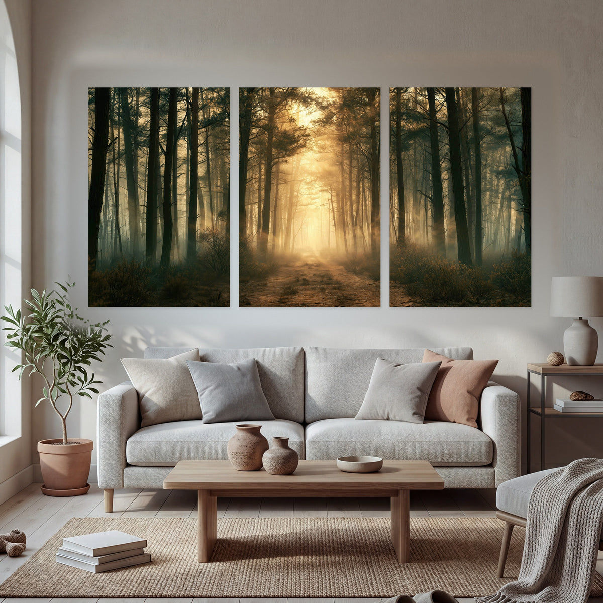 Golden forest path painting set of 3 poster prints in a bright living room