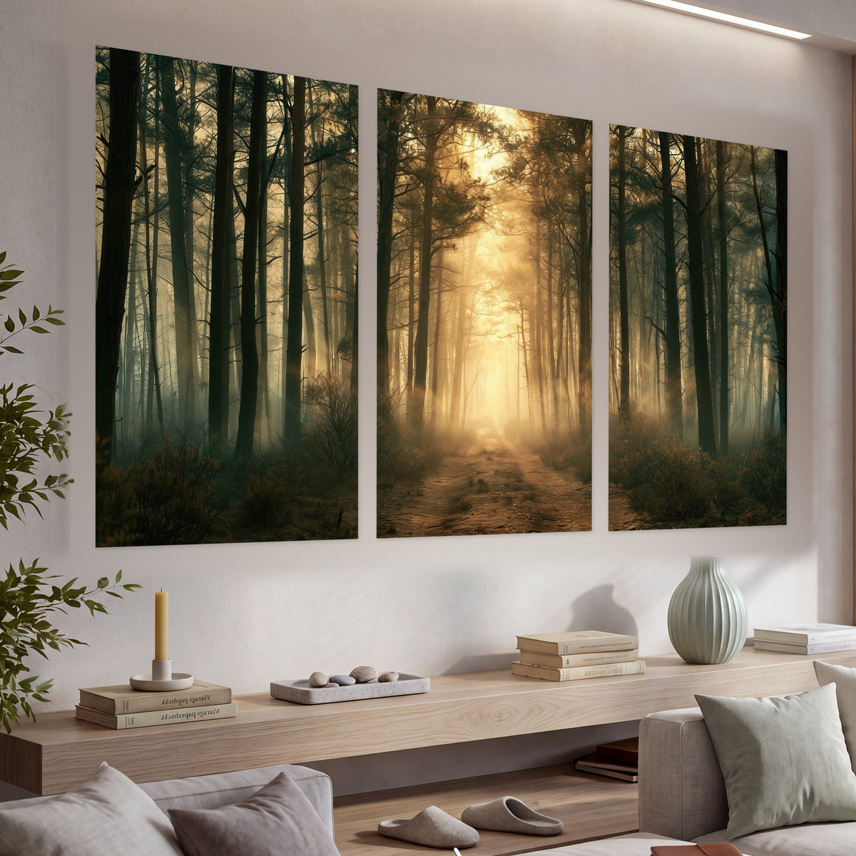 Golden forest path painting set of 3 poster prints in a living room above a console