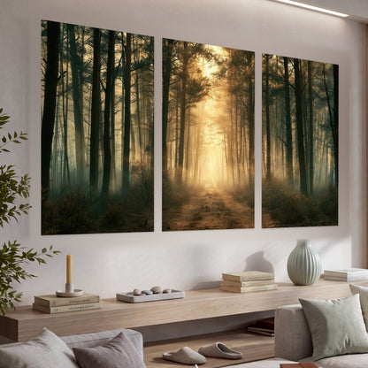 Golden forest path painting set of 3 poster prints in a living room above a console