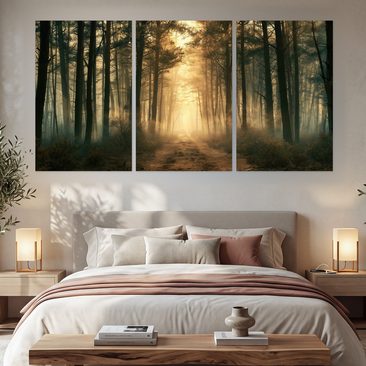 Golden forest path painting set of 3 poster prints in a bedroom above the bed