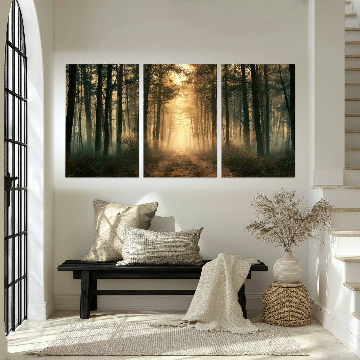 Golden forest path painting set of 3 poster prints in an entryway above a bench