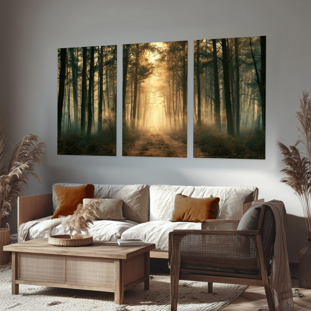 Golden forest path painting set of 3 poster prints in a rustic living room