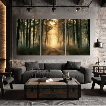 Golden forest path painting set of 3 poster prints in an industrial loft