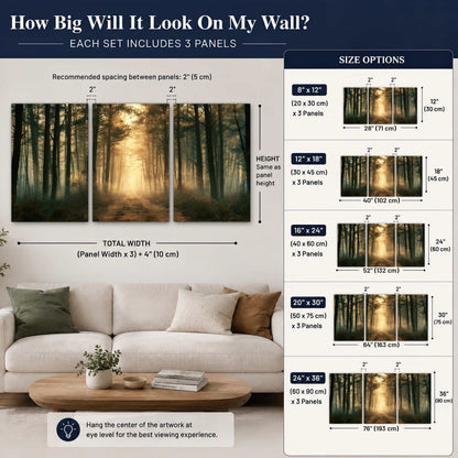Golden forest path painting set of 3 poster prints size guide above a sofa