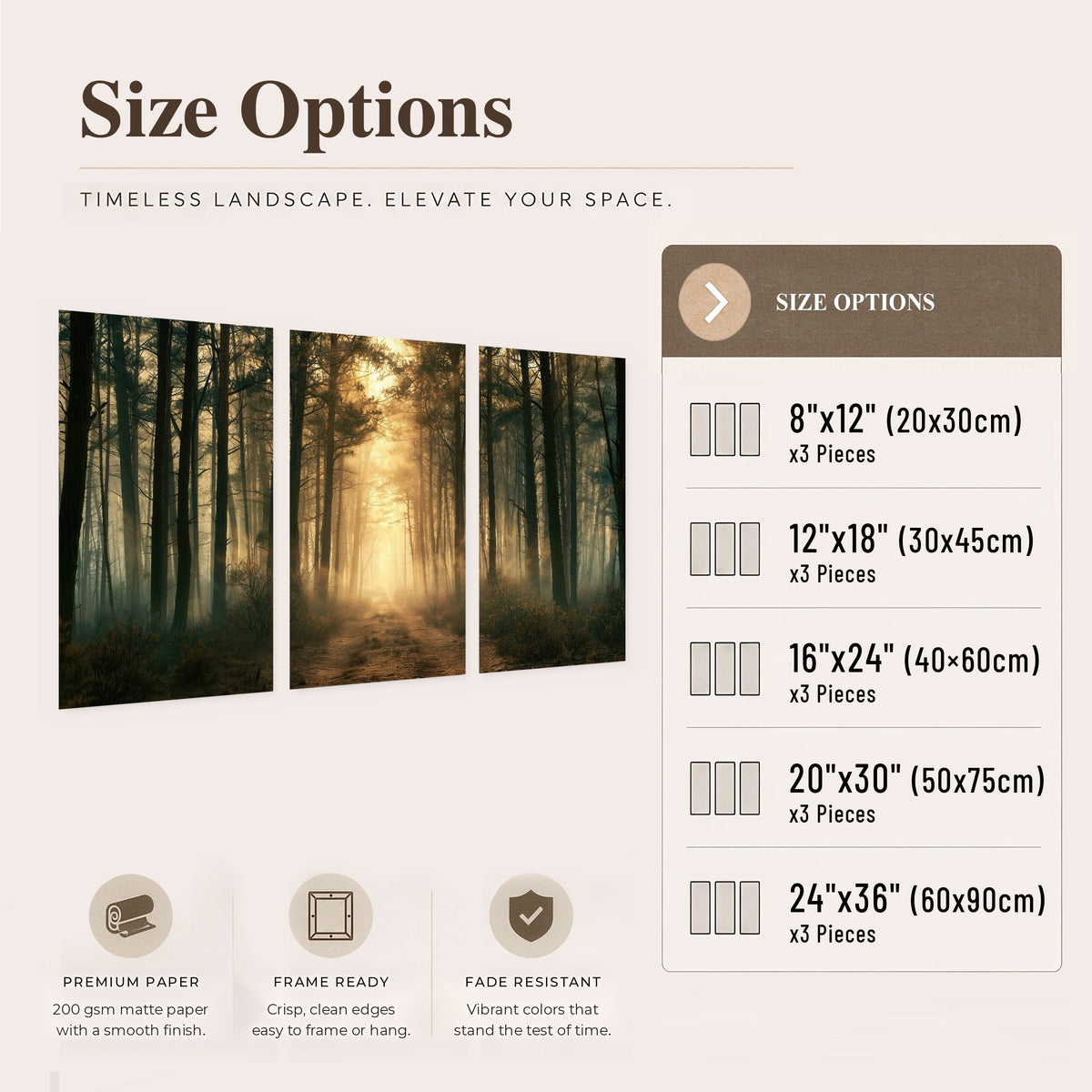 Golden forest path painting set of 3 poster prints size options