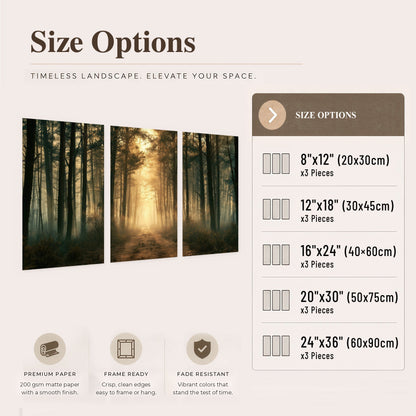 Golden forest path painting set of 3 poster prints size options