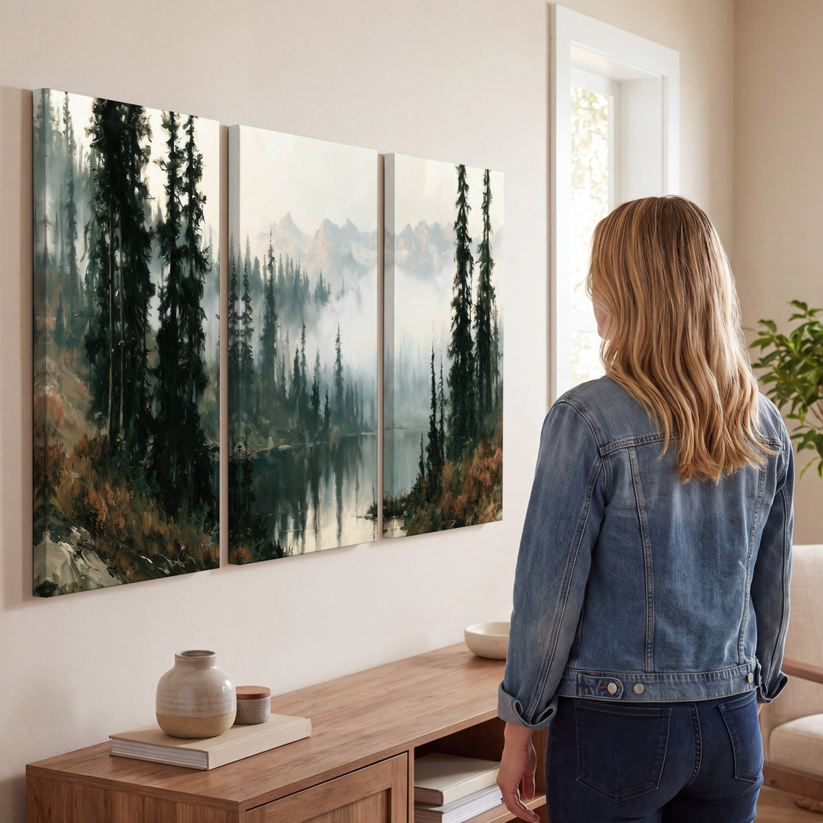 Misty pine lake mountain painting 3 piece canvas wall art in a living room