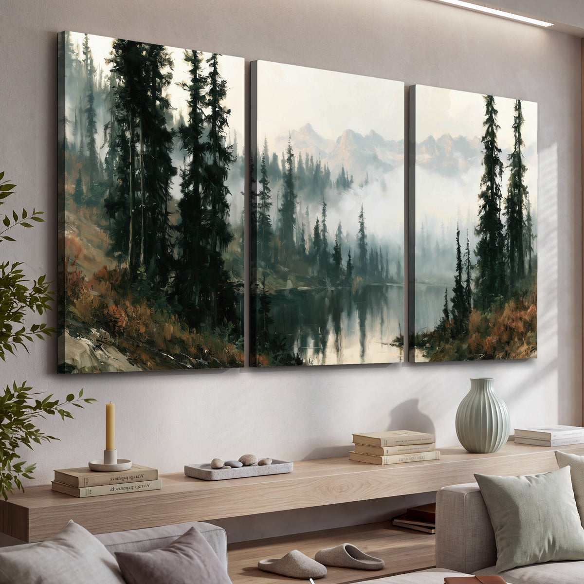 Misty pine lake mountain painting 3 piece canvas wall art in a living room above a console