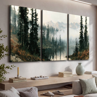 Misty pine lake mountain painting 3 piece canvas wall art in a living room above a console
