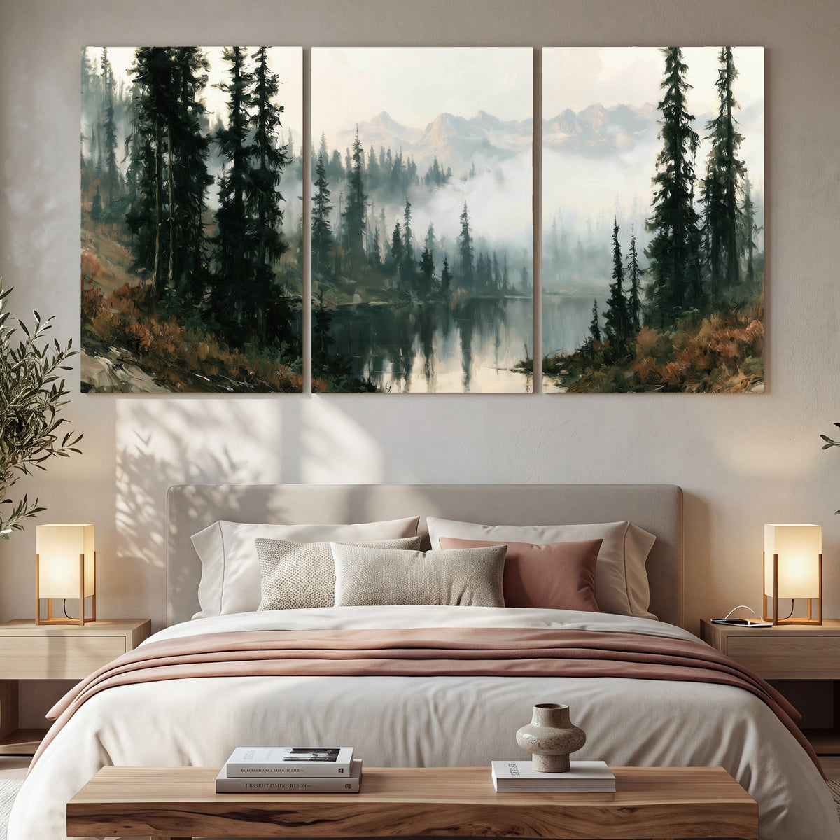 Misty pine lake mountain painting 3 piece canvas wall art in a bedroom above the bed