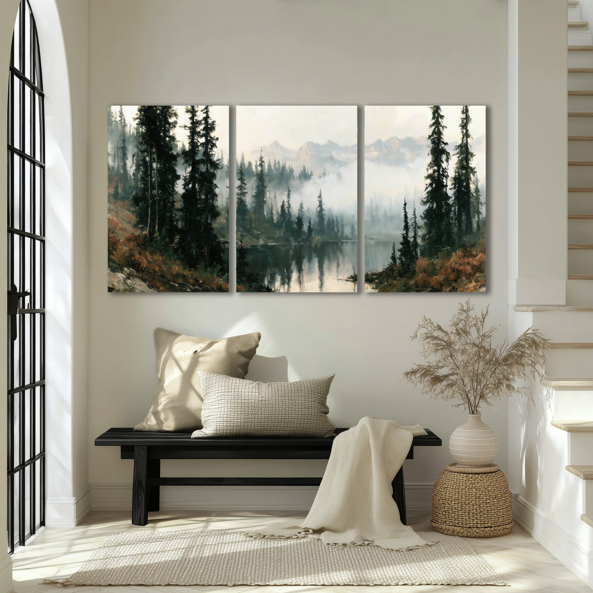 Misty pine lake mountain painting 3 piece canvas wall art in an entryway above a bench