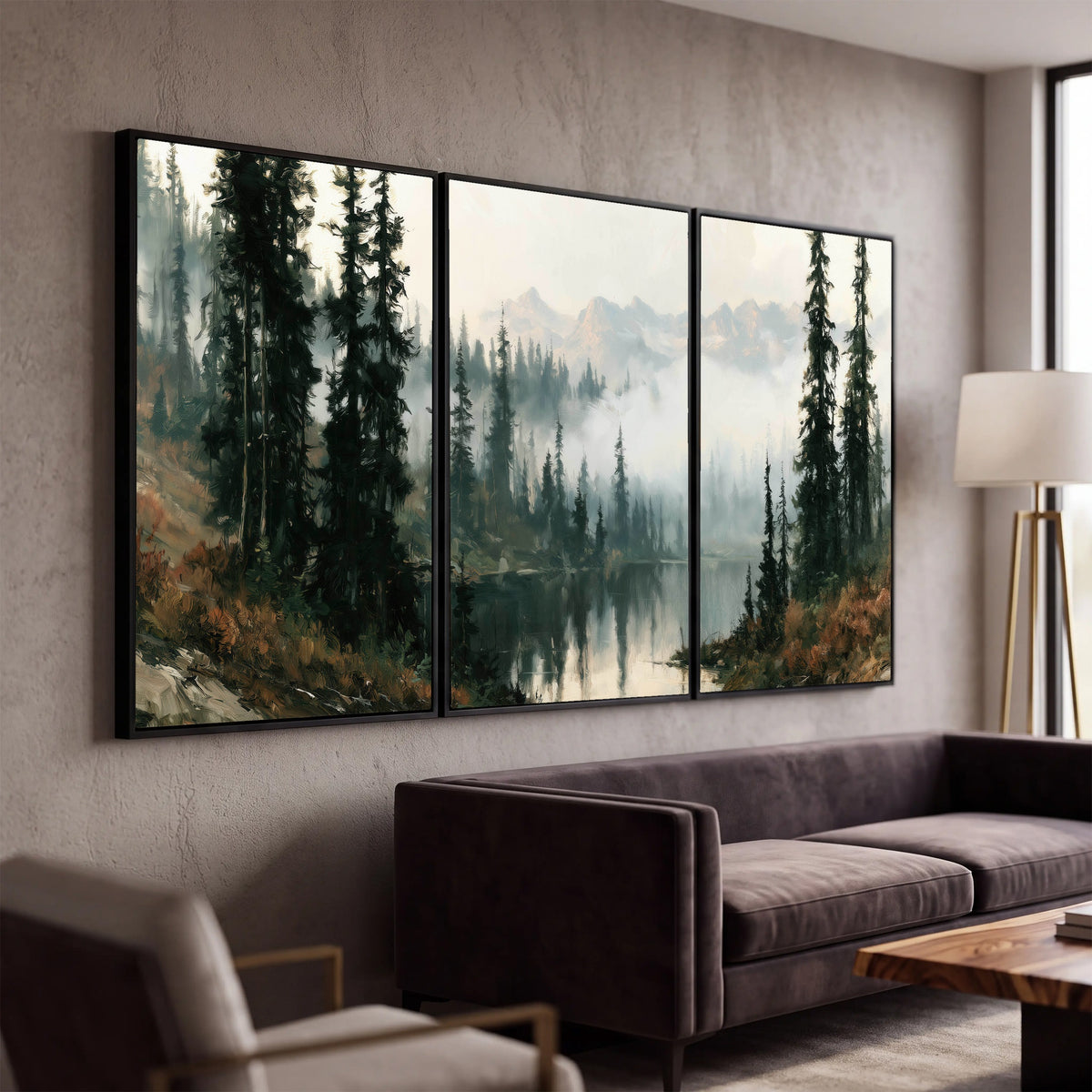 Misty pine lake mountain painting 3 piece canvas wall art in a modern living room