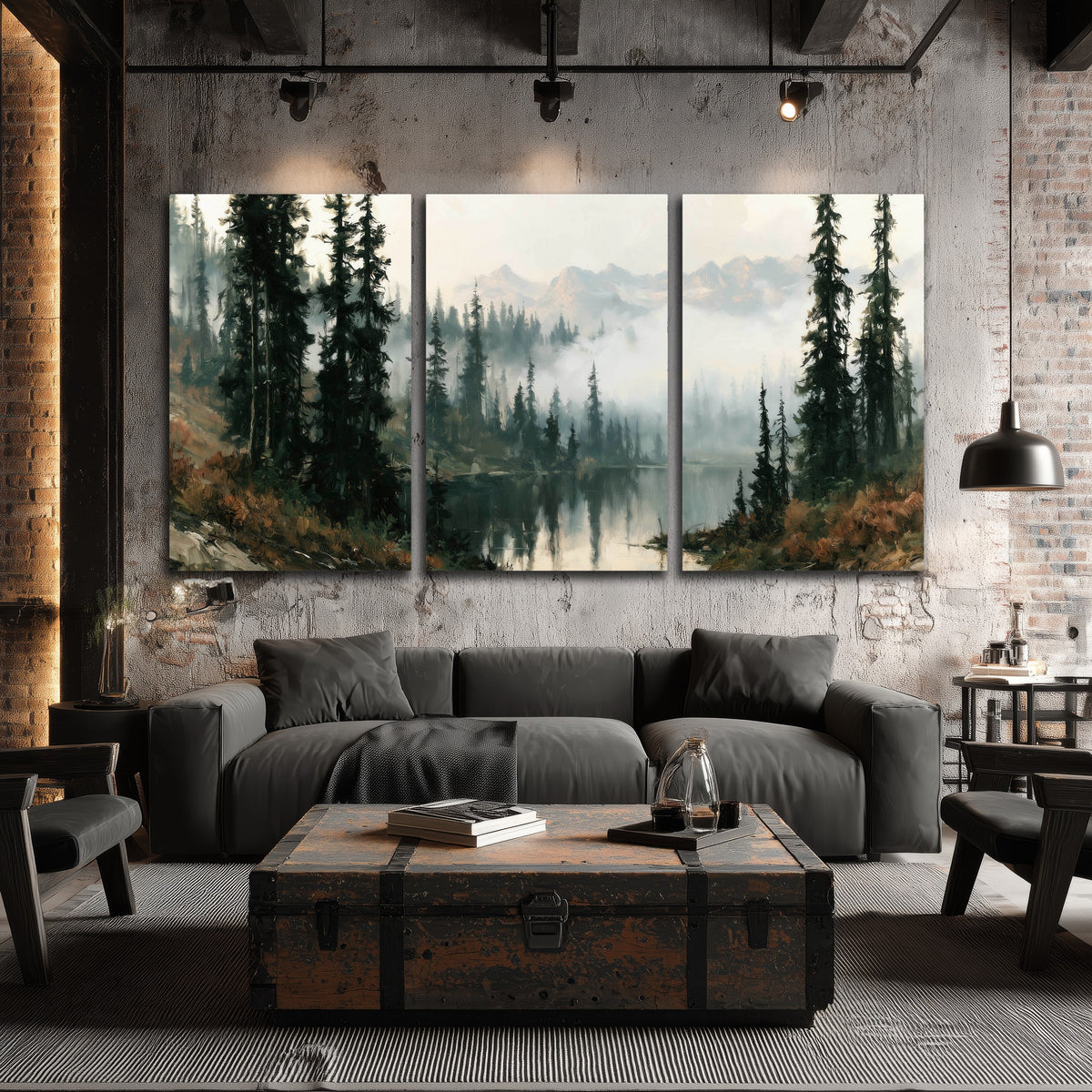 Misty pine lake mountain painting 3 piece canvas wall art in an industrial loft