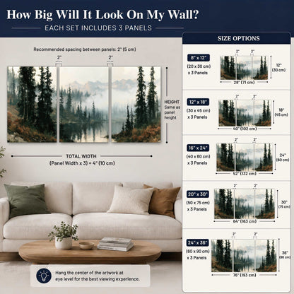 Misty pine lake mountain painting 3 piece canvas wall art size guide above a sofa