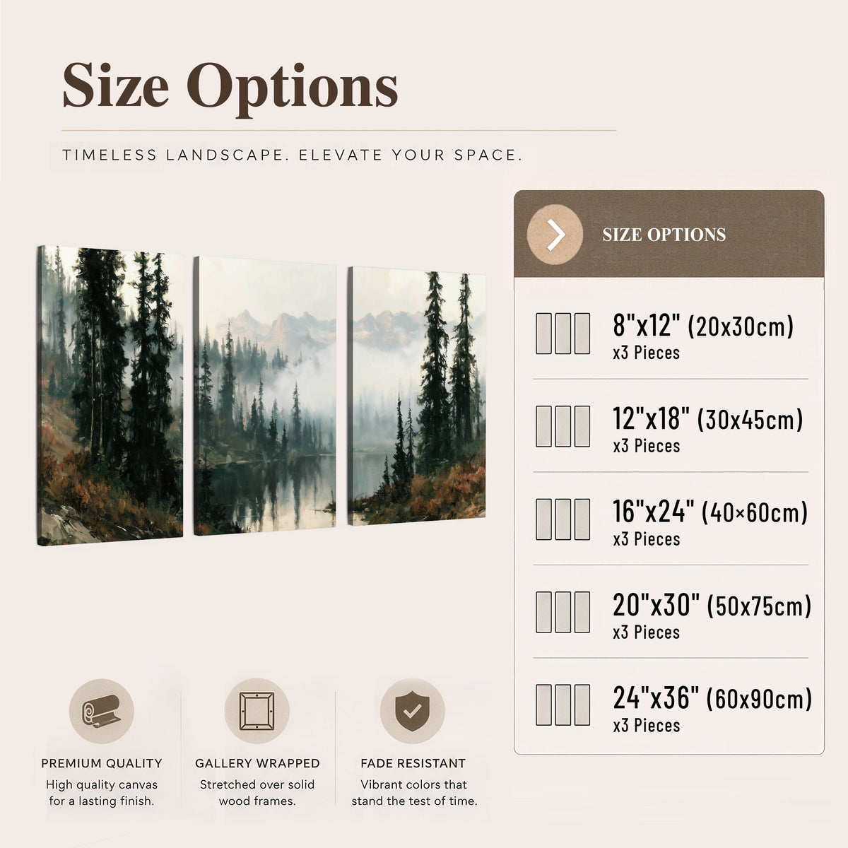 Misty pine lake mountain painting 3 piece canvas wall art size options