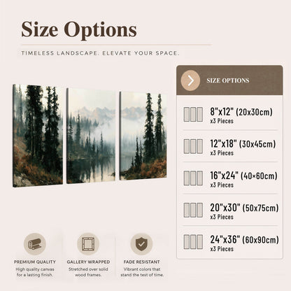 Misty pine lake mountain painting 3 piece canvas wall art size options
