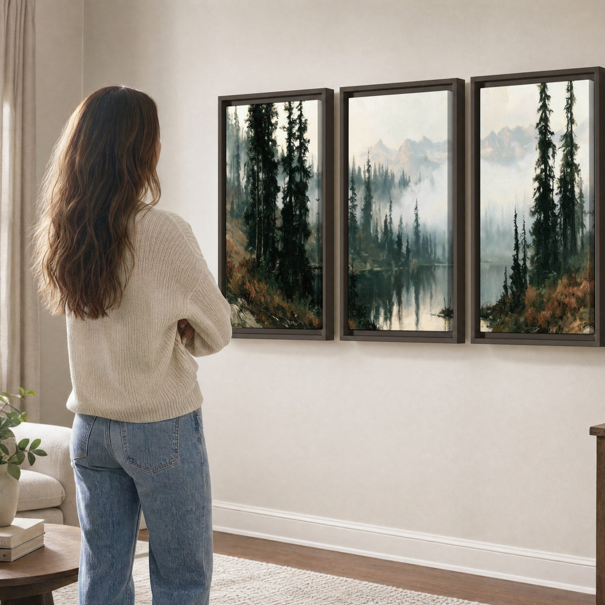 Misty pine lake mountain painting 3 piece framed canvas in a living room