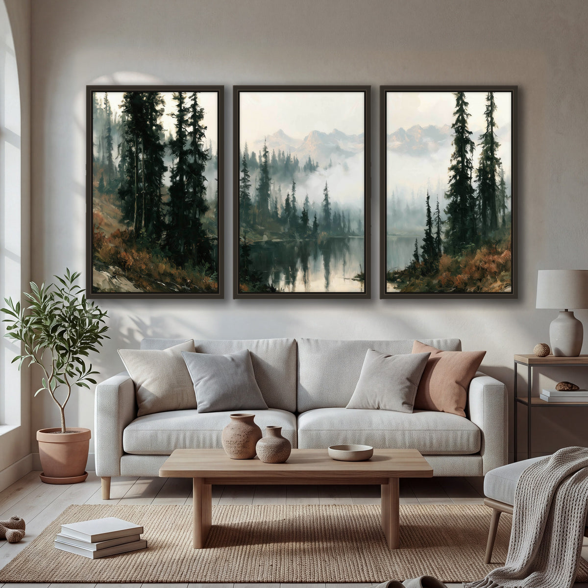 Misty pine lake mountain painting 3 piece framed canvas in a bright living room