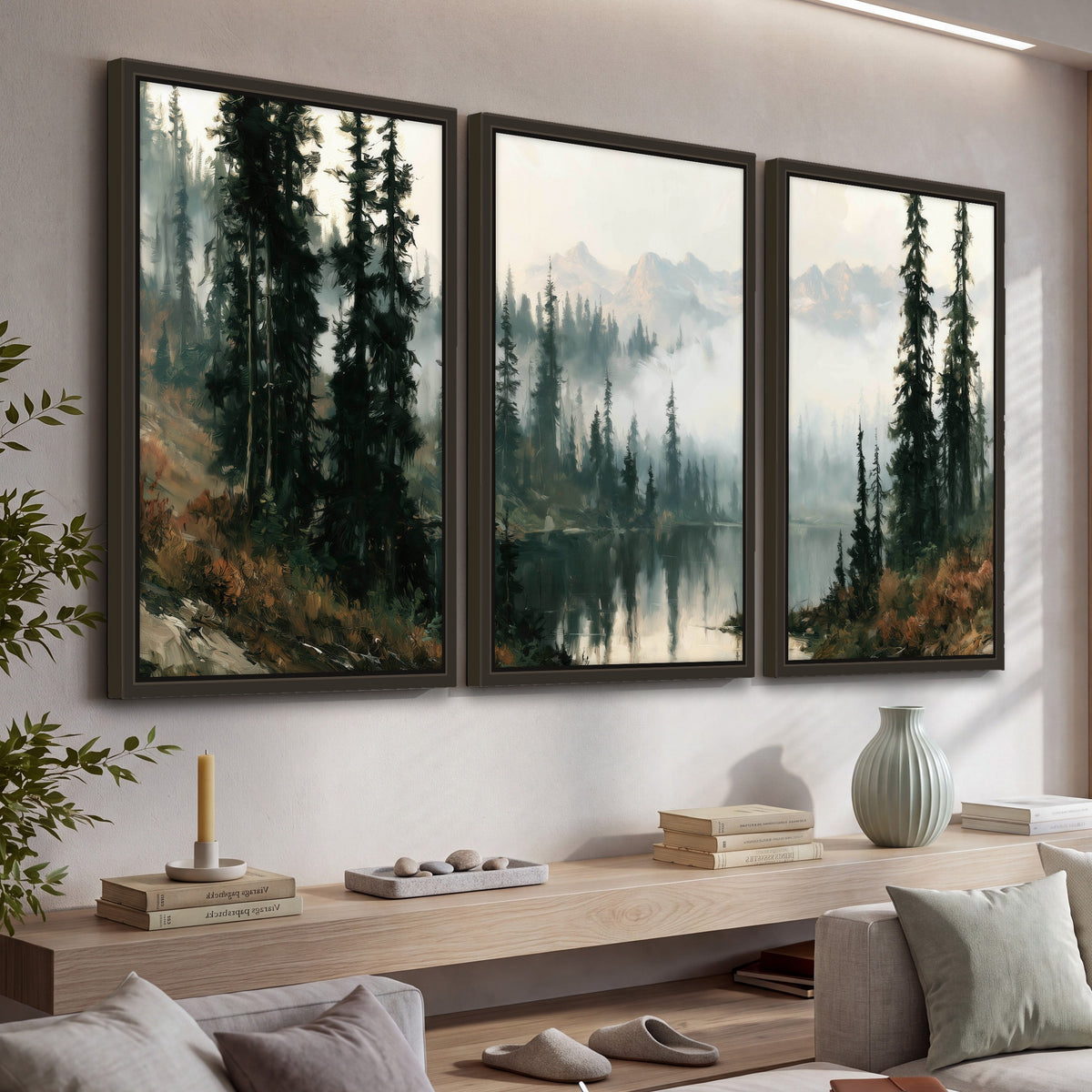 Misty pine lake mountain painting 3 piece framed canvas in a living room above a console