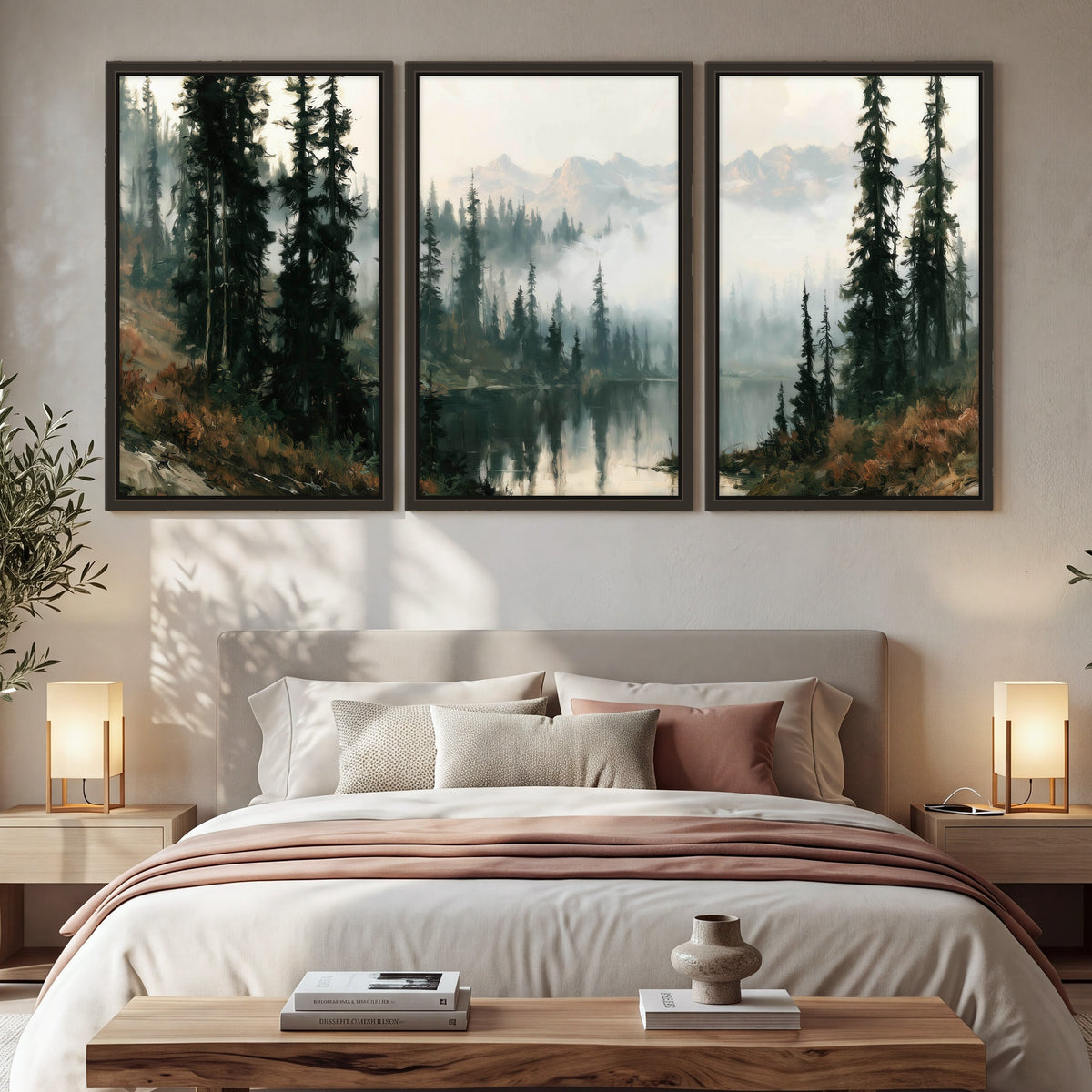 Misty pine lake mountain painting 3 piece framed canvas in a bedroom above the bed