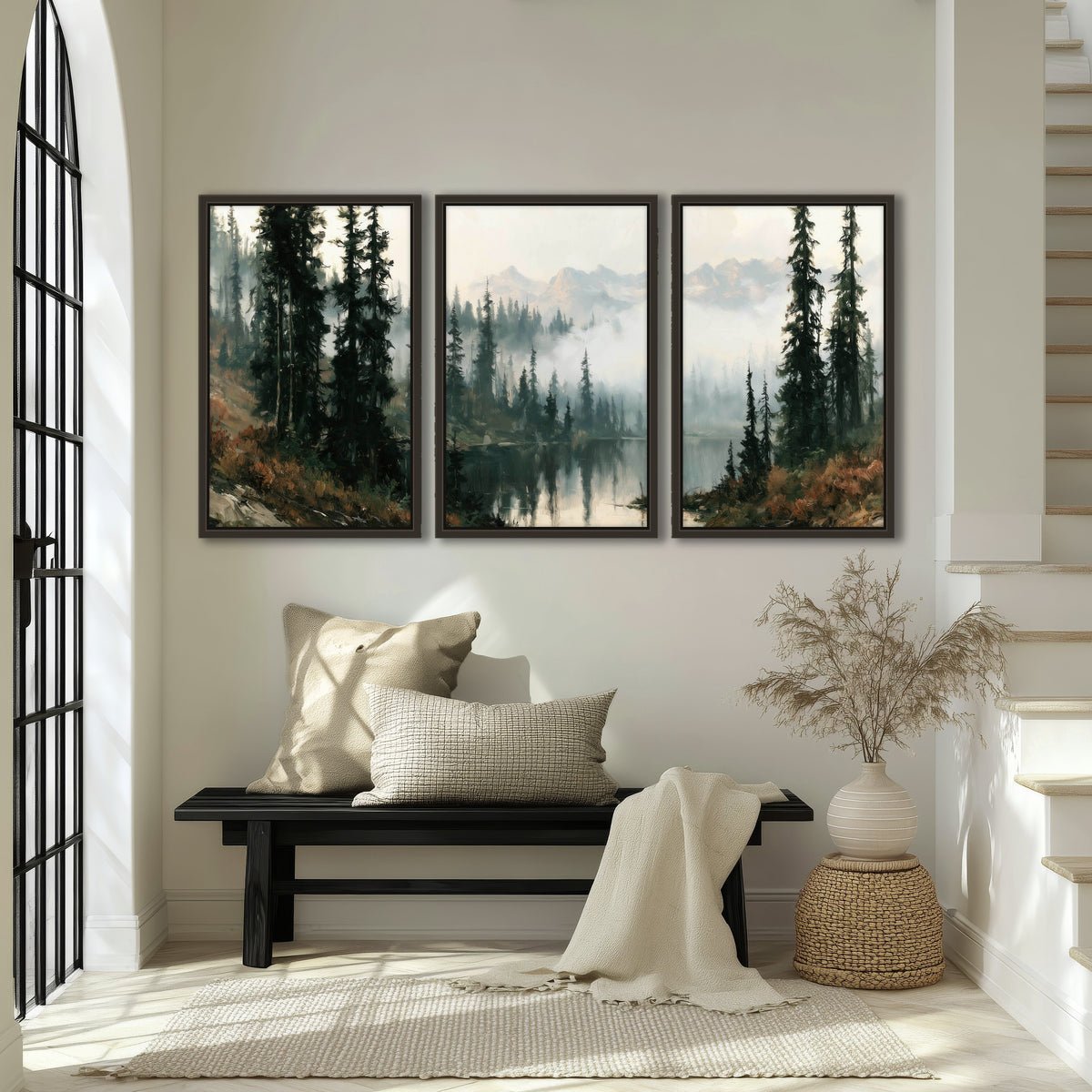 Misty pine lake mountain painting 3 piece framed canvas in an entryway above a bench