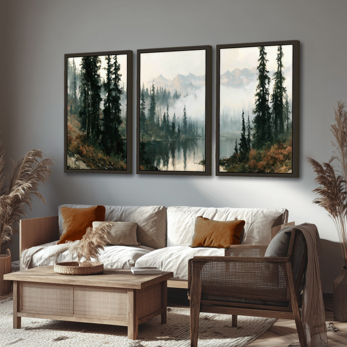 Misty pine lake mountain painting 3 piece framed canvas in a rustic living room