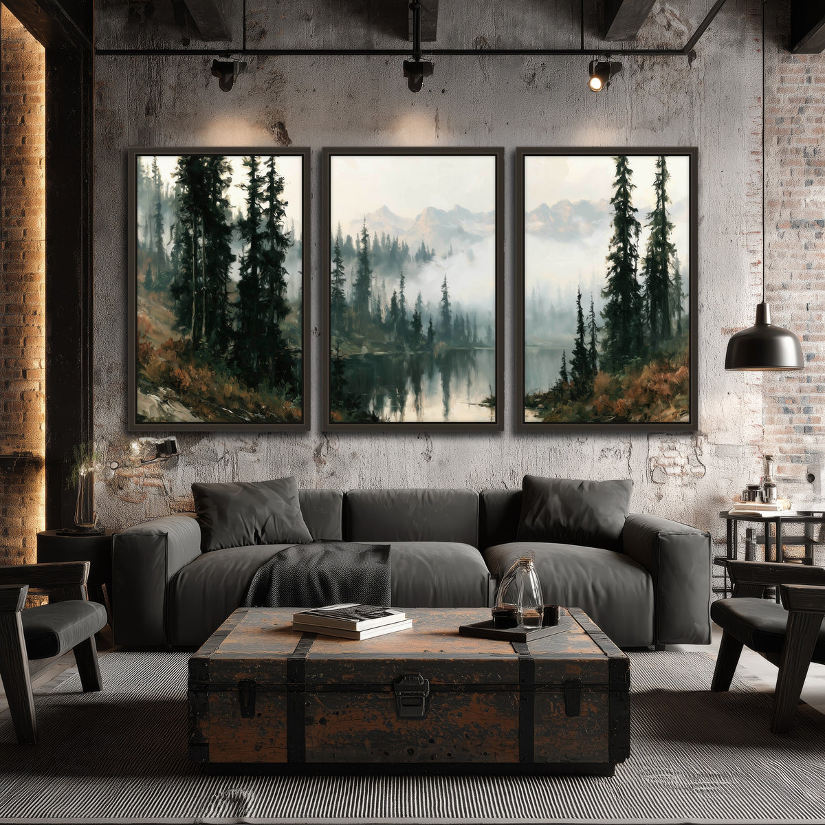 Misty pine lake mountain painting 3 piece framed canvas in an industrial loft