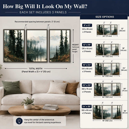 Misty pine lake mountain painting 3 piece framed canvas size guide above a sofa