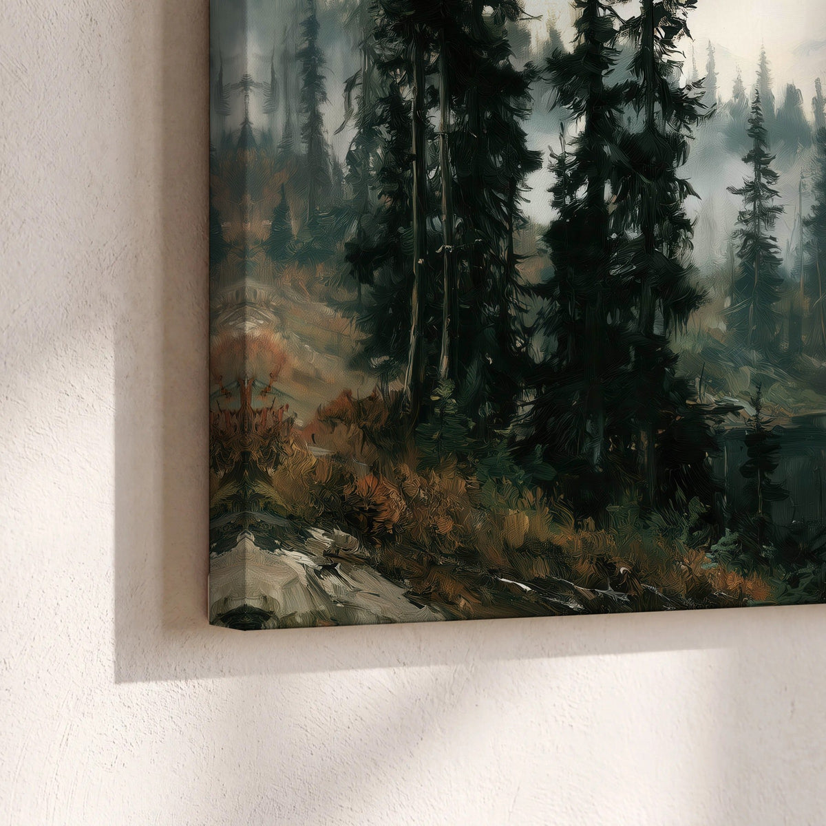 Misty pine lake mountain painting canvas print close-up showing the gallery-wrapped edge