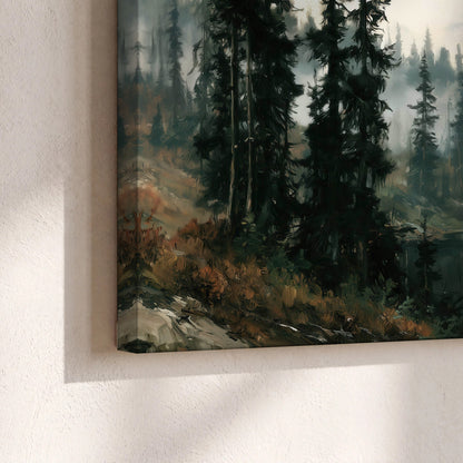Misty pine lake mountain painting canvas print close-up showing the gallery-wrapped edge