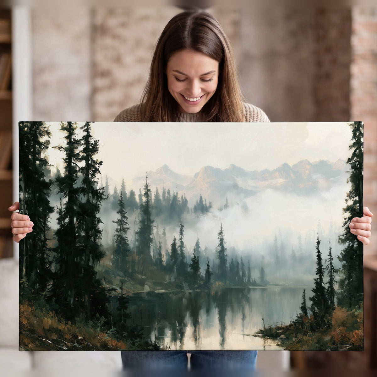 Misty pine lake mountain painting canvas wall art held in hands