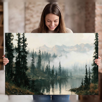 Misty pine lake mountain painting canvas wall art held in hands
