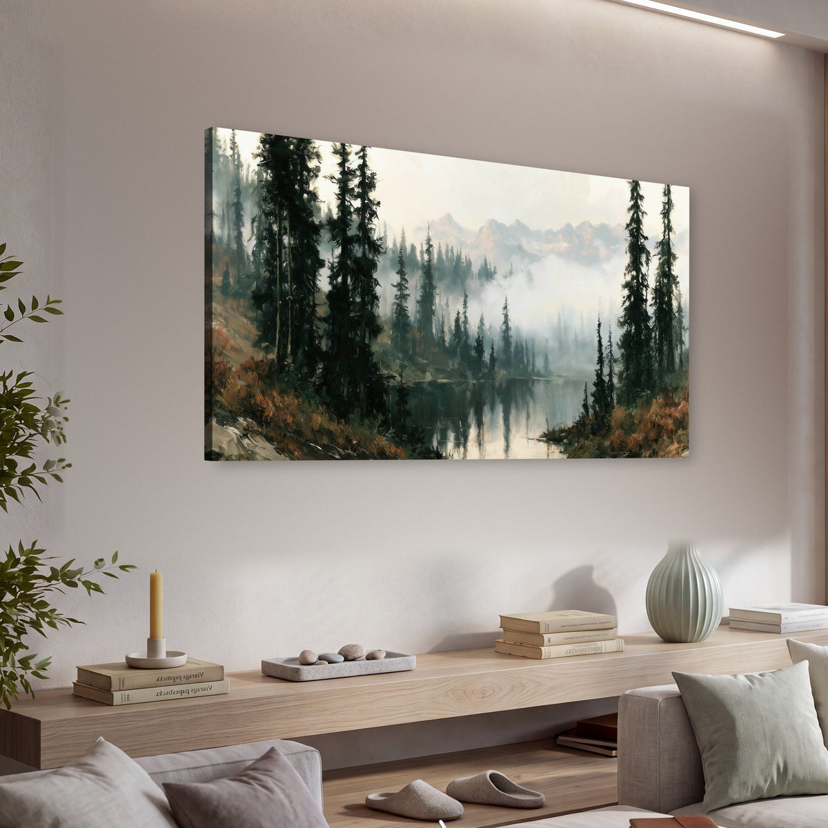 Misty pine lake mountain painting canvas wall art in a living room above a console