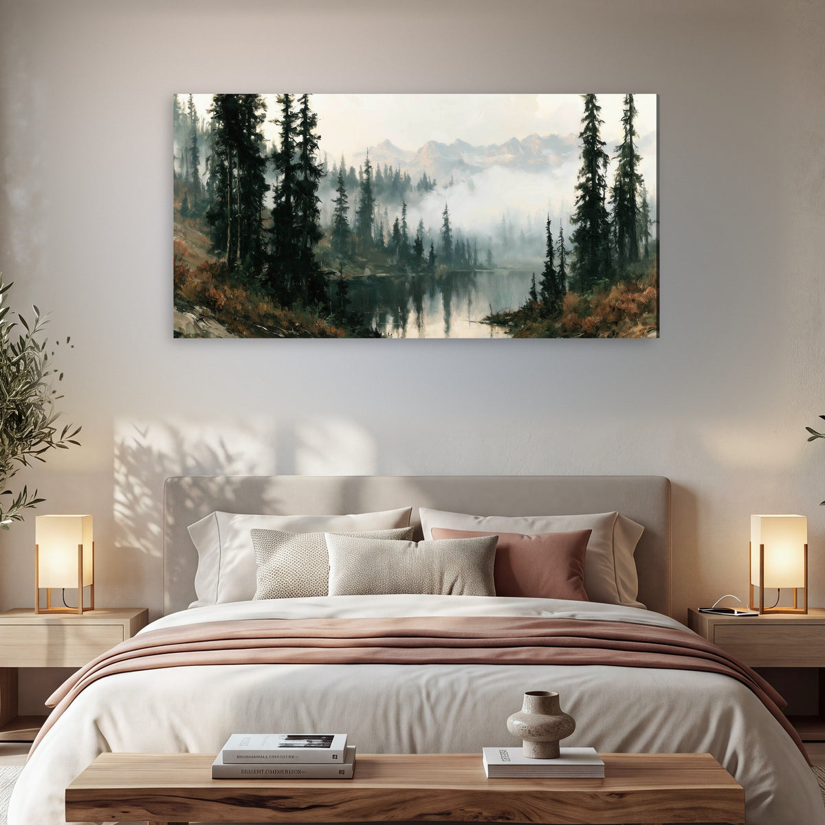 Misty pine lake mountain painting canvas wall art in a bedroom above the bed
