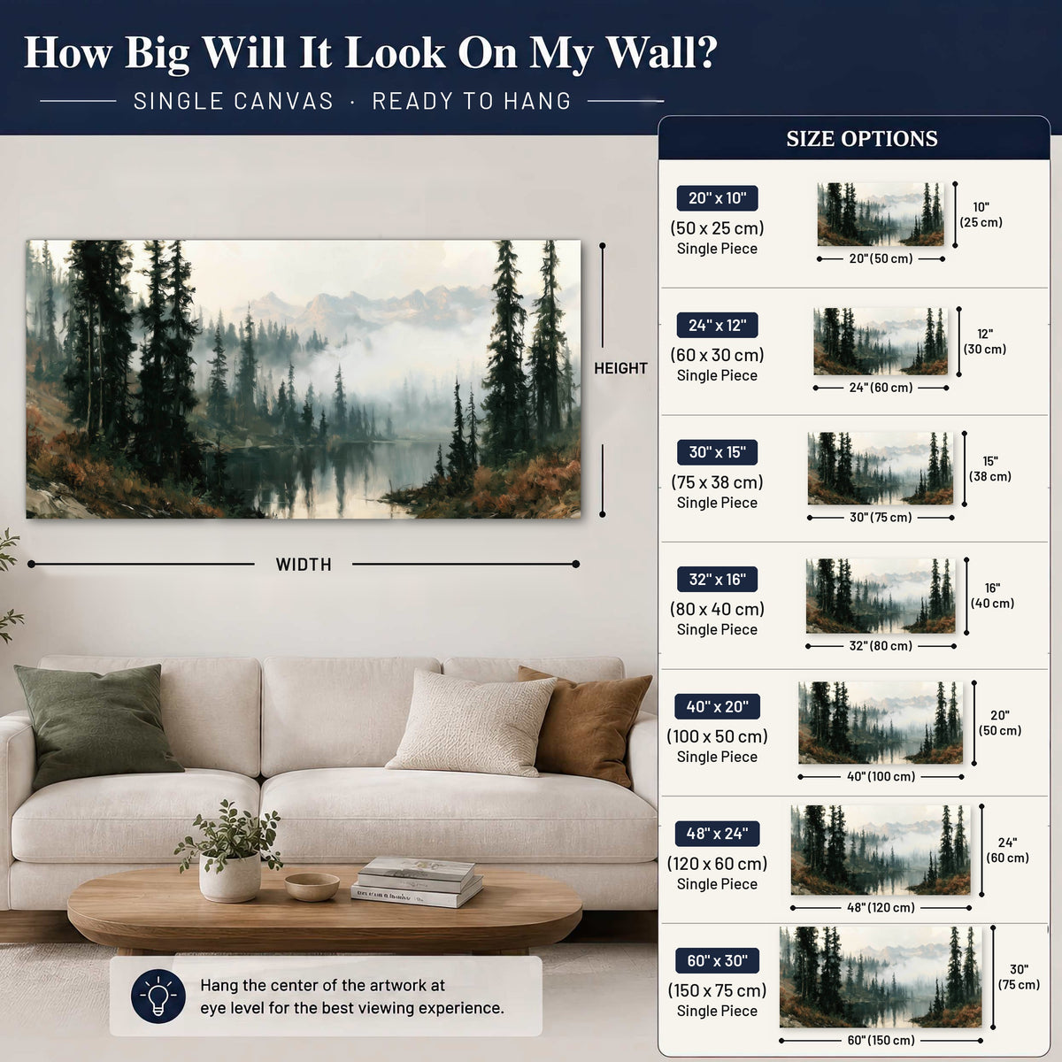 Misty pine lake mountain painting canvas wall art size guide above a sofa