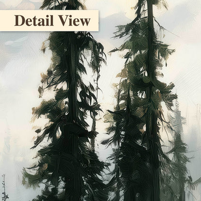 Misty pine lake mountain painting detail close-up