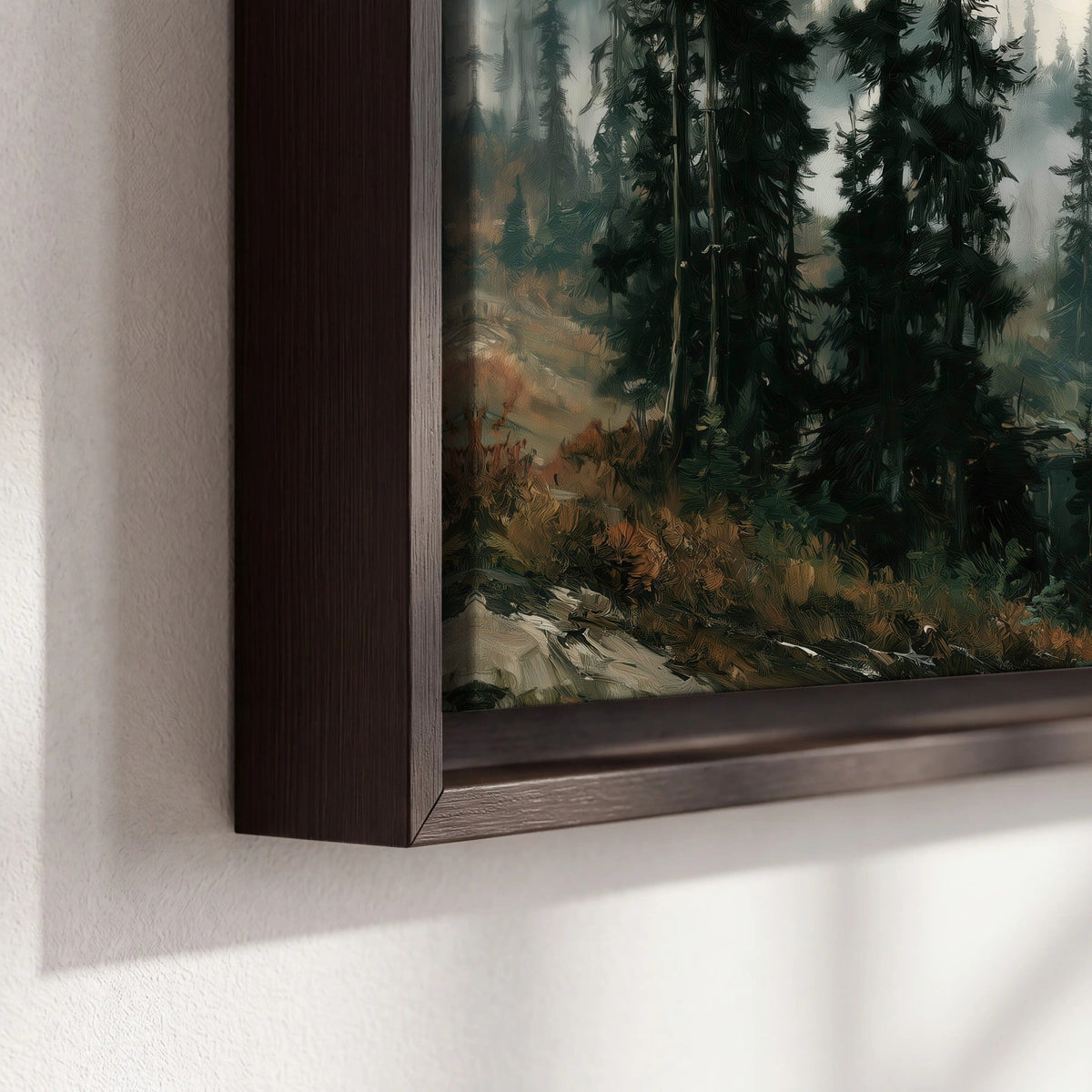 Misty pine lake mountain painting framed canvas close-up showing the floating frame