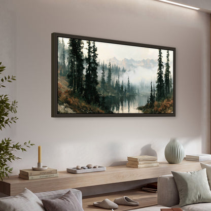 Misty pine lake mountain painting framed canvas wall art in a living room above a console