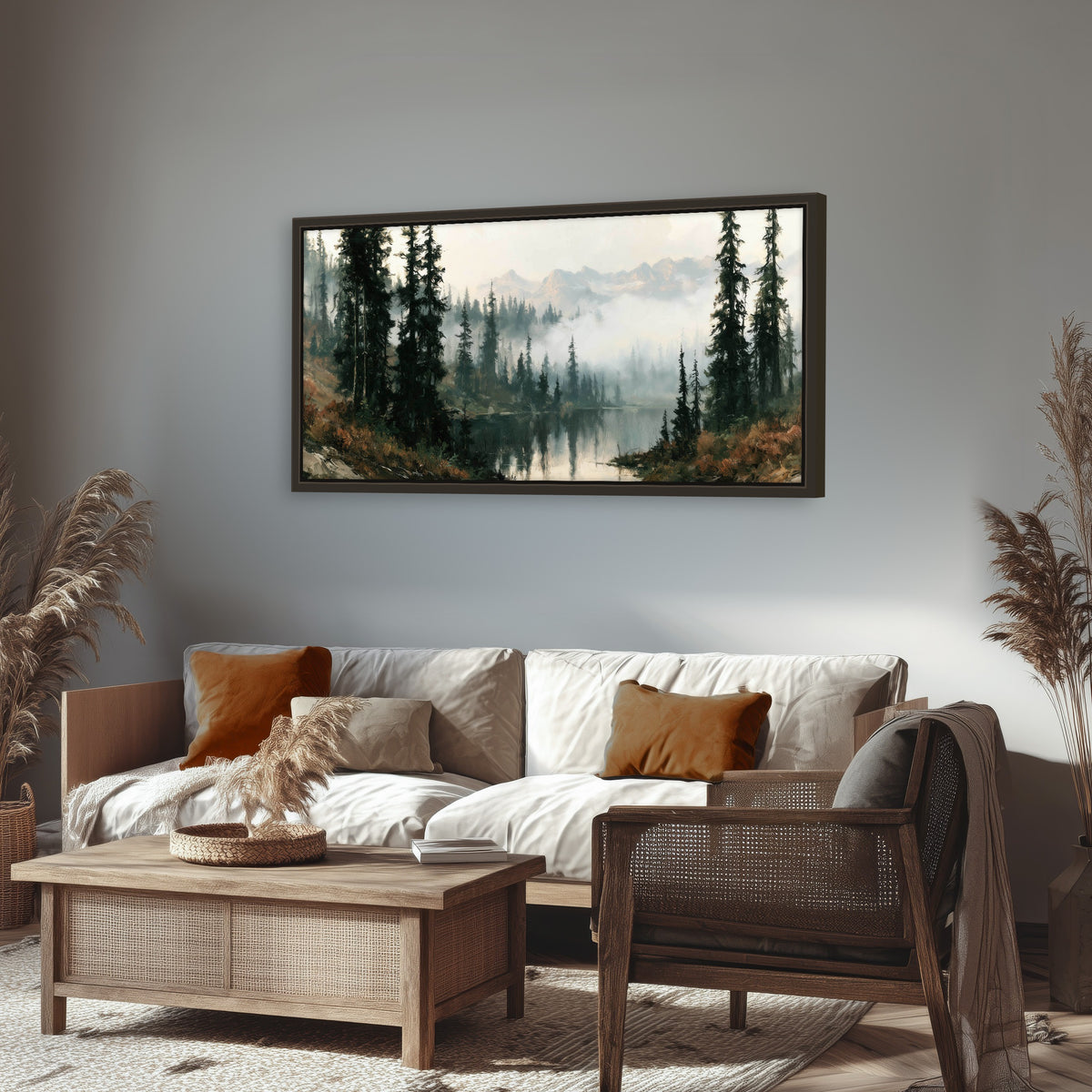 Misty pine lake mountain painting framed canvas wall art in a rustic living room