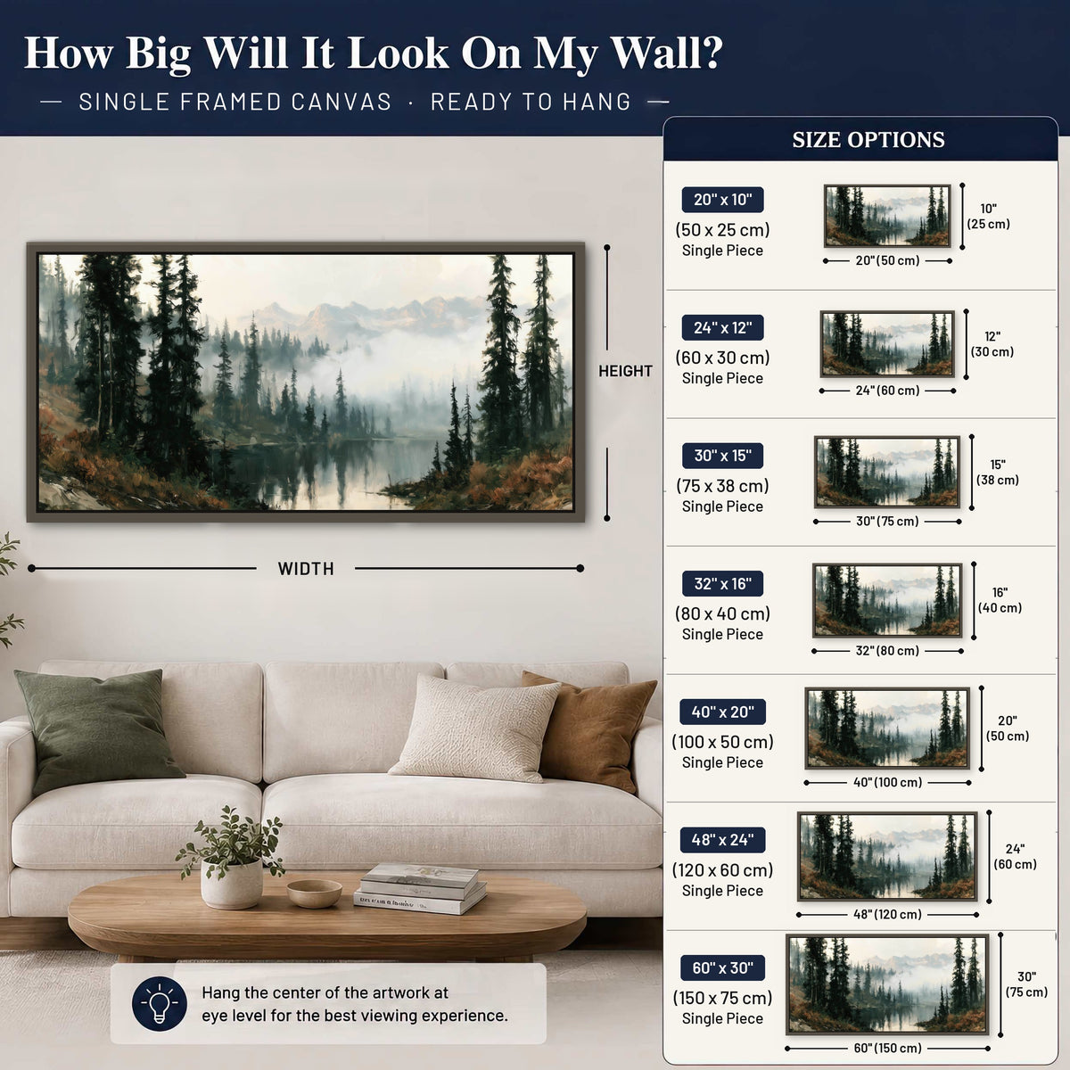 Misty pine lake mountain painting framed canvas wall art size guide above a sofa