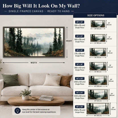 Misty pine lake mountain painting framed canvas wall art size guide above a sofa
