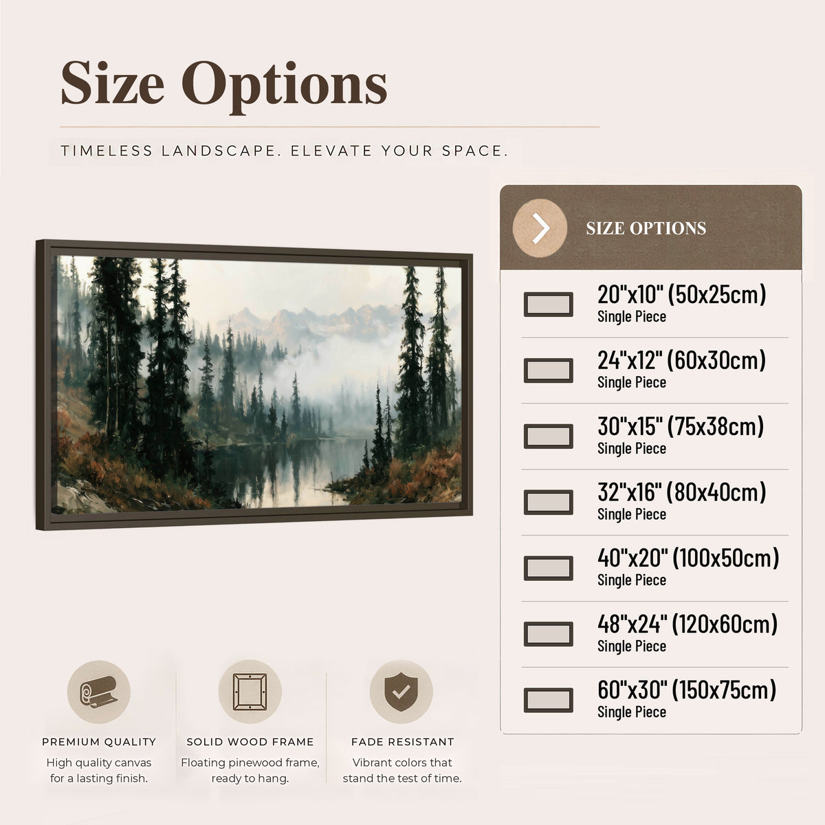 Misty pine lake mountain painting framed canvas wall art size options